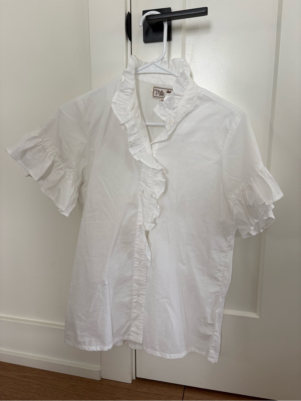 Mille White Ruffle-Trim Short Sleeve Blouse